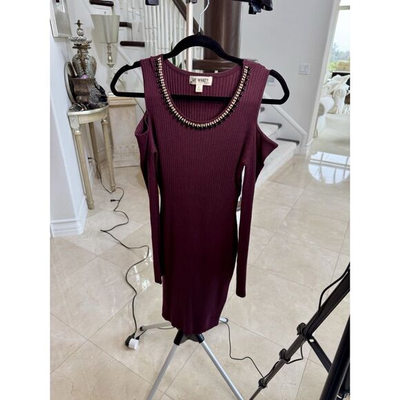 Say What?Red Burgundy Wine Casual Knit Dress XL Embellished Neck|‎ Cold Shoulder - Picture 1 of 15